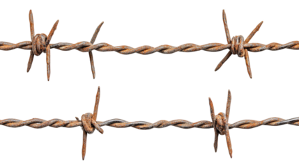 Rusty barbed wire fencing isolated on transparent background showing twisted metal pattern