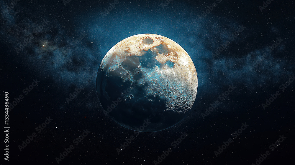 Poster stunning panoramic view of the moon in space with its surface illuminated by distant sunlight