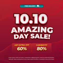 Fototapeta premium 10.10 Amazing Shopping Sale discount deals soft dark red gradient Editable text effect Promo code wave line minimalist style Promotional square banner poster flyer 