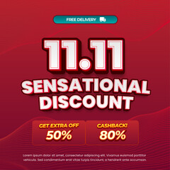 Fototapeta premium 11.11 Sensational Shopping Sale discount deals soft dark red gradient Editable text effect Promo code wave line minimalist style Promotional square banner poster flyer 