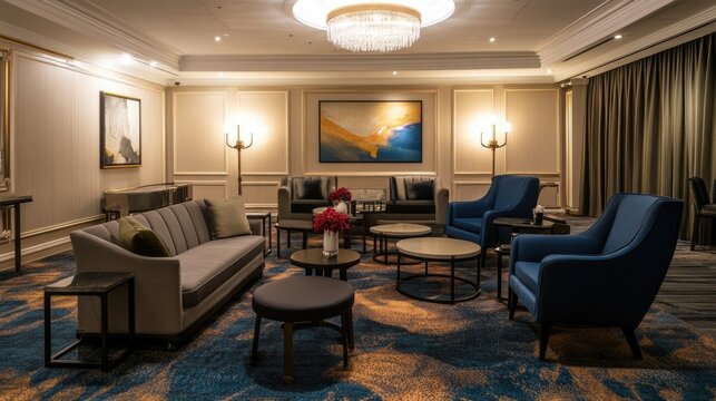 Hotel VIP lounge setup with comfortable seating, ambient lighting, and complimentary refreshments.