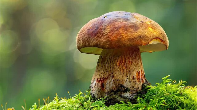 Edible boletus mushroom growing in forest. Wild nature life. Healthy organic food for vegetarians. Close up shot of fungus, blurred background empty space