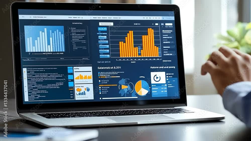 Poster comprehensive data analysis dashboard on laptop with graphs, charts, and key statistics for insightf