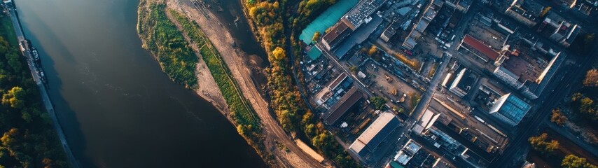 Fototapeta premium Aerial View of Industrial Zone Beside River in Autumn, Panoramic Landscape