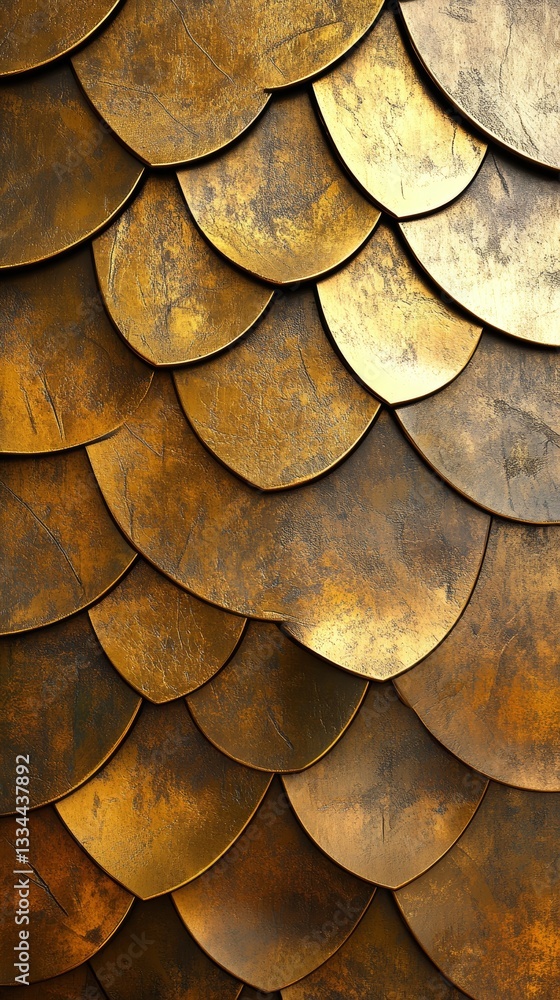 Poster captivating close-up showcases meticulously arranged gold shimmering scales, creating a visually stu