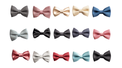 Variety of stylish bow ties in different colors and patterns displayed on a transparent background