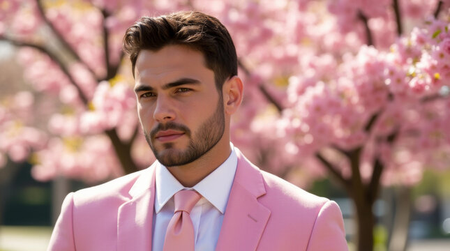 Confident Man in Pink Suit Under Cherry Blossoms &ndash; Spring Fashion