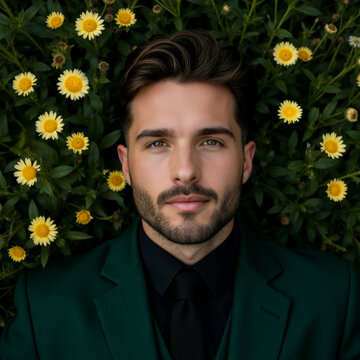 Elegant Man in Green Suit Lying Among yellow Spring Flowers