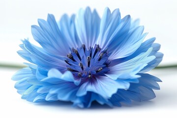 Obraz premium Captivating cornflower unfolds with layers of delicate, textured petals in serene shades of blue, creating a soft, dreamy botanical close up on white backdrop
