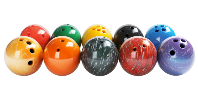 Colorful set of bowling balls in various patterns and designs