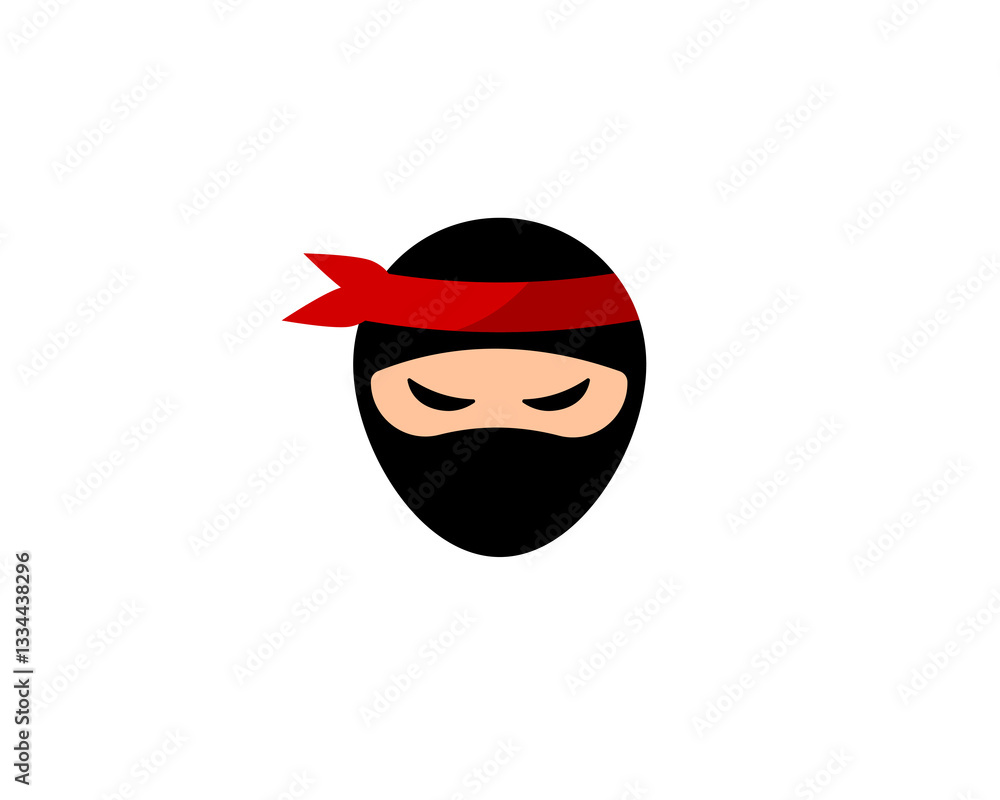 Poster simple design of a ninja head with a red headband and black mask, showing a mysterious expression.
