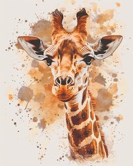Captivating giraffe portrait displaying the beauty of wildlife with paint splashes and a distinctive elegance, evoking a sense of artistic expression