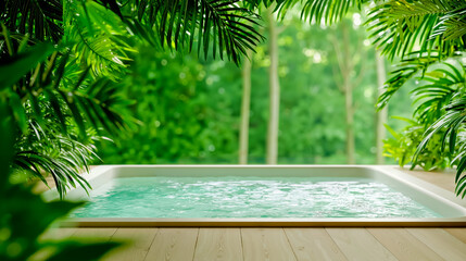 A hot tub surrounded by lush green trees in a tropical setting