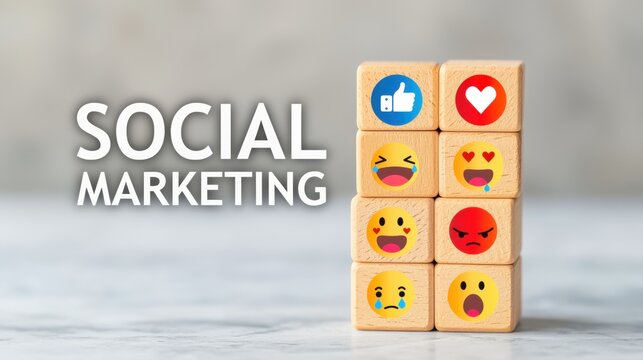 A collection of emoji-themed blocks representing various emotions, alongside the text "SOCIAL MARKETING.