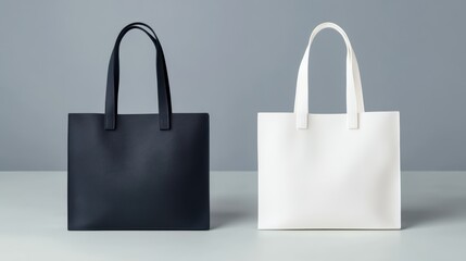 Two stylish tote bags, one black and one white, placed on a minimalist background, showcasing contemporary design and versatility.