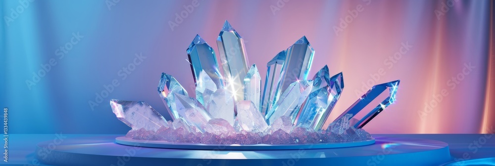 Aufkleber captivating quartz crystal cluster on a round platform, displaying shimmering facets and refracting 