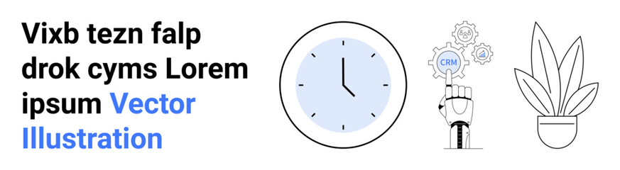 Clock representing time, robotic hand with mechanical parts symbolizing technology, potted plant signifying growth. Ideal for innovation, productivity, sustainability, tech advances, future concepts