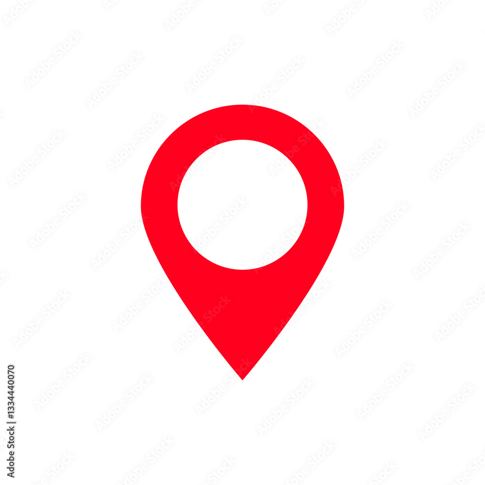 Poster red location pin icon symbolizes precise destination and direction in maps and navigation apps.
