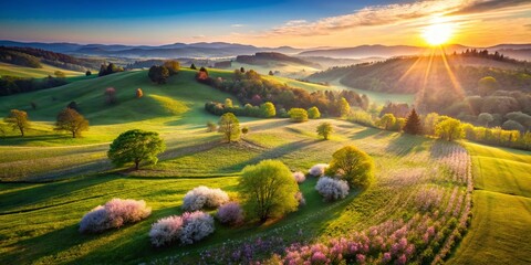 Drone View: Spring Morning Breeze, Blossoming Meadow, Sunlit Landscape