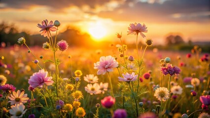 Obraz premium Drone View: Vibrant Macro Romantic Flower Meadow at Golden Hour