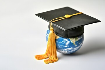 Global education, graduation, world knowledge.  A graduation cap rests on a globe, symbolizing global academic achievement