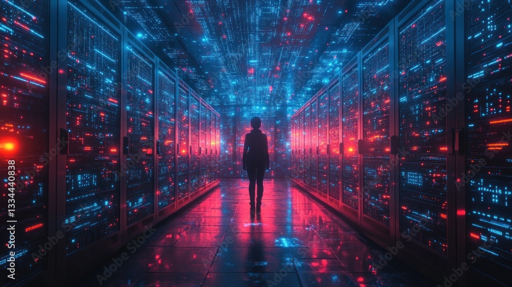 Poster futuristic data center with engineer in cyberpunk environment