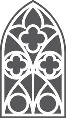 Church window with arched frame. Cathedral gothic stained glass. Old architecture element. Medieval castle door silhouettes. Catholic interior decoration.