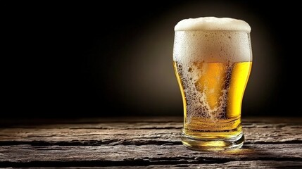 Crisp golden beer in a clear glass standing on a rustic wooden table with soft natural lighting