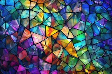 A vibrant and colorful abstract mosaic of stained glass pieces, creating an enchanting pattern with sharp edges