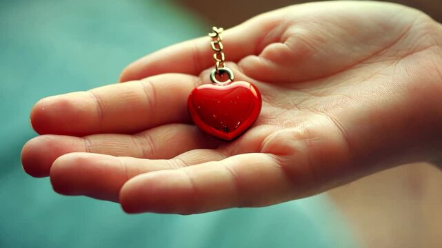 Hand Gently Holds Shiny Red Heart Shaped Keychain, Symbolizing Love and Affection, with Softly Blurred Background Highlighting Vibrant Heart and Creating Warm, Sentimental Atmosphere