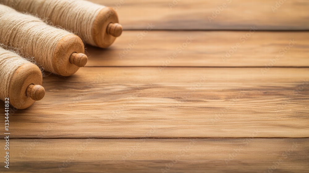 Aufkleber a pair of rustic twine rolls arranged neatly on a natural wooden table with textured surface
