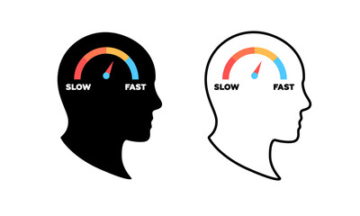 Two human head profiles feature speedometers going from slow to fast, symbolizing thought speed.