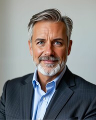 A confident man with silver hair and a beard, wearing a formal suit and blue shirt, poses for a professional portrait.