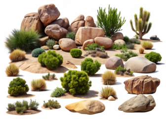  set of large desert rocks and shrubs isolated on white background PNG , AI GENERATED