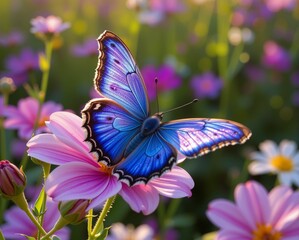 A vibrant blue butterfly sits gracefully on a pink flower amidst a colorful field, capturing the beauty of nature in soft sunlight.