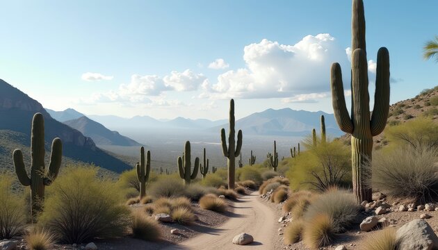 A desert trail winds through towering saguaro cacti and shrubs, with a backdrop of rugged mountains and a partly cloudy sky, showcasing the natural beauty of Cinco de Mayo's cultural roots - Powered by Adobe