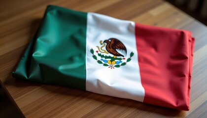A folded Mexican flag with green, white, and red stripes featuring the national coat of arms lies on a wooden surface, symbolizing heritage, pride, and the Cinco de Mayo celebration