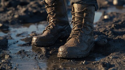 Fototapeta premium Muddy Boots Standing on Wet Ground in Outdoor Environment