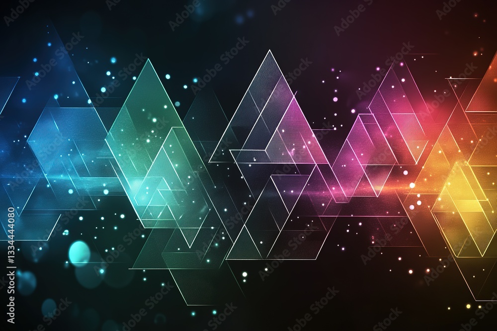 Poster abstract geometric design with glowing triangles and colorful gradients against a dark background