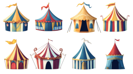 Colorful circus tents collection with flags and stripes