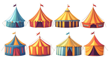 Fototapeta premium Colorful circus tents in various designs with flags and patterns