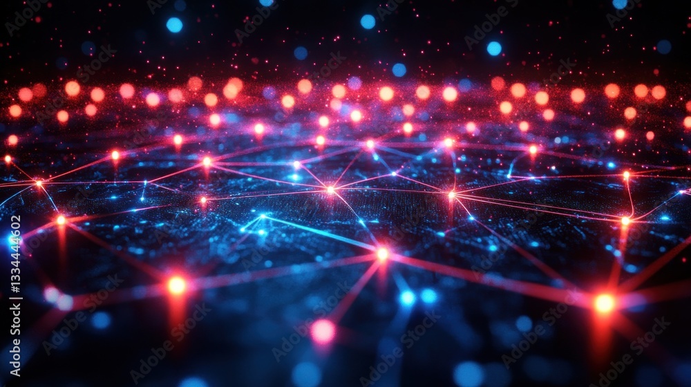 Poster futuristic digital grid with glowing blue and red nodes connected by neon lines on dark background