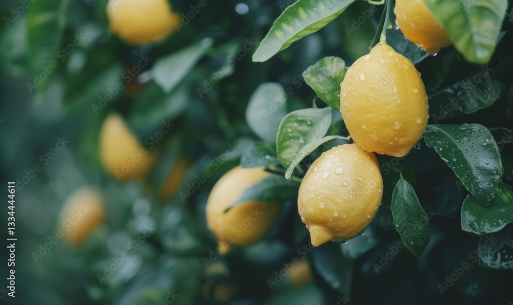 Poster fresh lemons growing on trees in a lush orchard background with copy space under overcast light and 