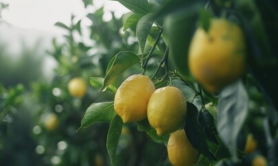 Fresh Lemons Growing on Trees in a Serene Orchard Background with Overcast Light and High Contrast