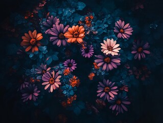 A collection of colorful daisies with leaves on a dark background in soft lighting