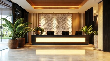 Fototapeta premium Luxury hotel reception area with a stylish front desk, designer decor, and a welcoming ambiance.