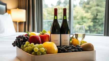 Luxury hotel suite with a personalized welcome note, fruit basket, and premium wine selection.