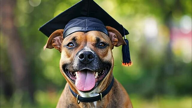 Dog with graduation hat sitting in the backyard or park on a sunny day. Funny pet themed concept for graduation celebration, training class, academic certifications or diplomas. Selective focus.