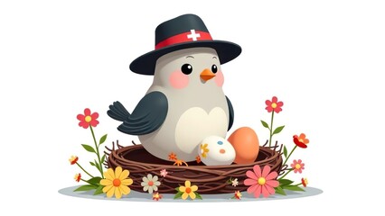 Easter Switzerland cuckoo. A cheerful cuckoo bird perched on a branch next to a nest filled with colorful Easter eggs, surrounded by blooming blossoms