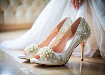 Elegant Bride's Wedding Shoes with Clips - Bridal Footwear Detail Shot